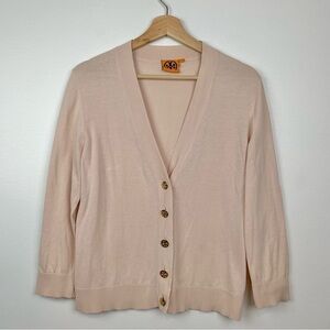 Tory Burch Cardigan Buttons Logo Soft Pink Sz Large Cotton Preppy V Neck Elegant
